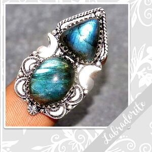 Labradorite Large Eclectic Silver Artisan Ring 8.5 (Blue, Aqua Blue-Green flash)